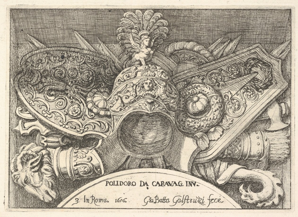 Plate 3: trofeer av romerske våpen fra dekorasjoner over vinduene i andre etasje i ..., 1656. av Giovanni Battista Galestruzzi
