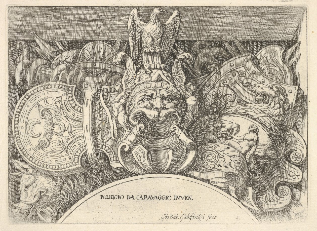 Plate 4: trofeer av romerske våpen fra dekorasjoner over vinduene i andre etasje ..., 1656-58. av Giovanni Battista Galestruzzi