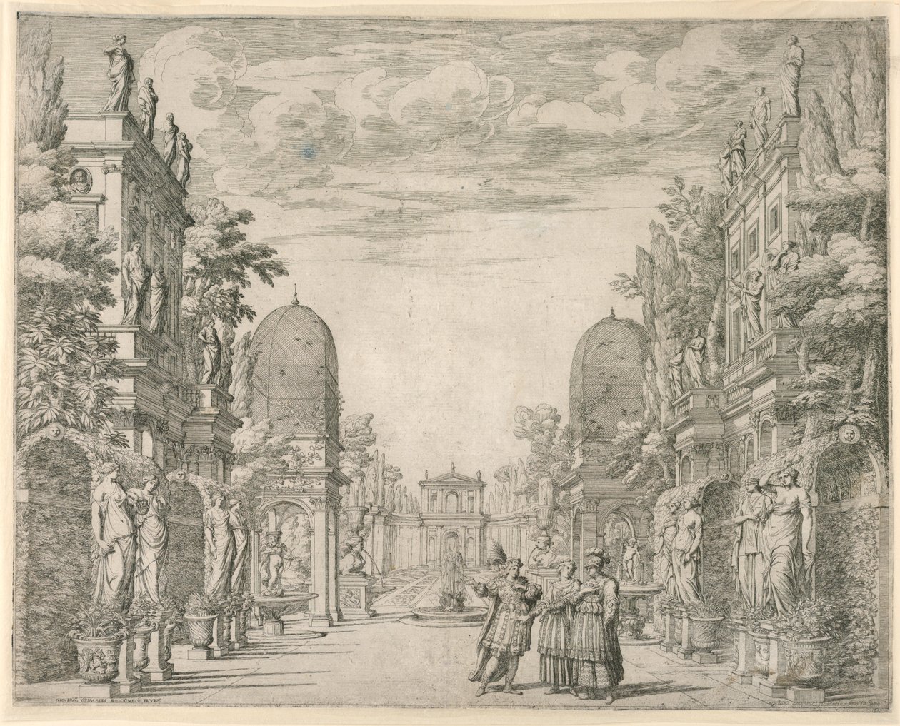 Scenedesign for scene 3, "La Vita Humana overo," fra "Il Trionfo della Pieta" av Giovanni Battista Galestruzzi