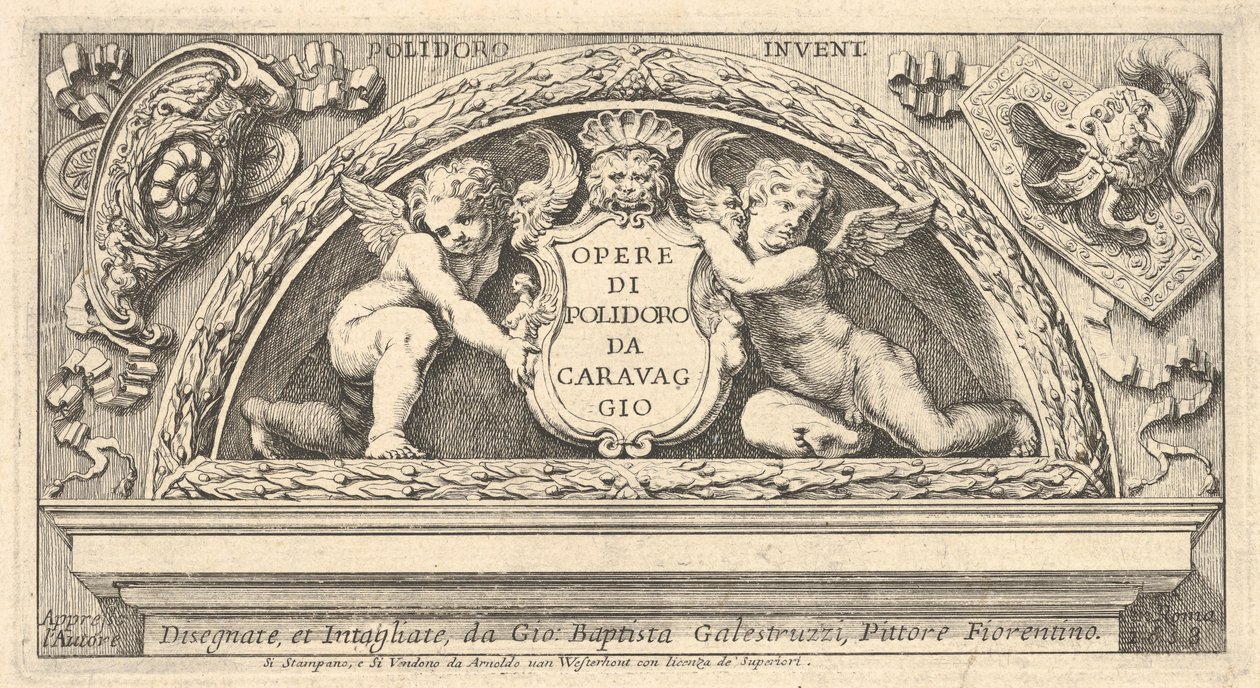 Tittelplate til serie med trykk etter Poloidoro, tittel på et skjold støttet av to putti, 1658. av Giovanni Battista Galestruzzi