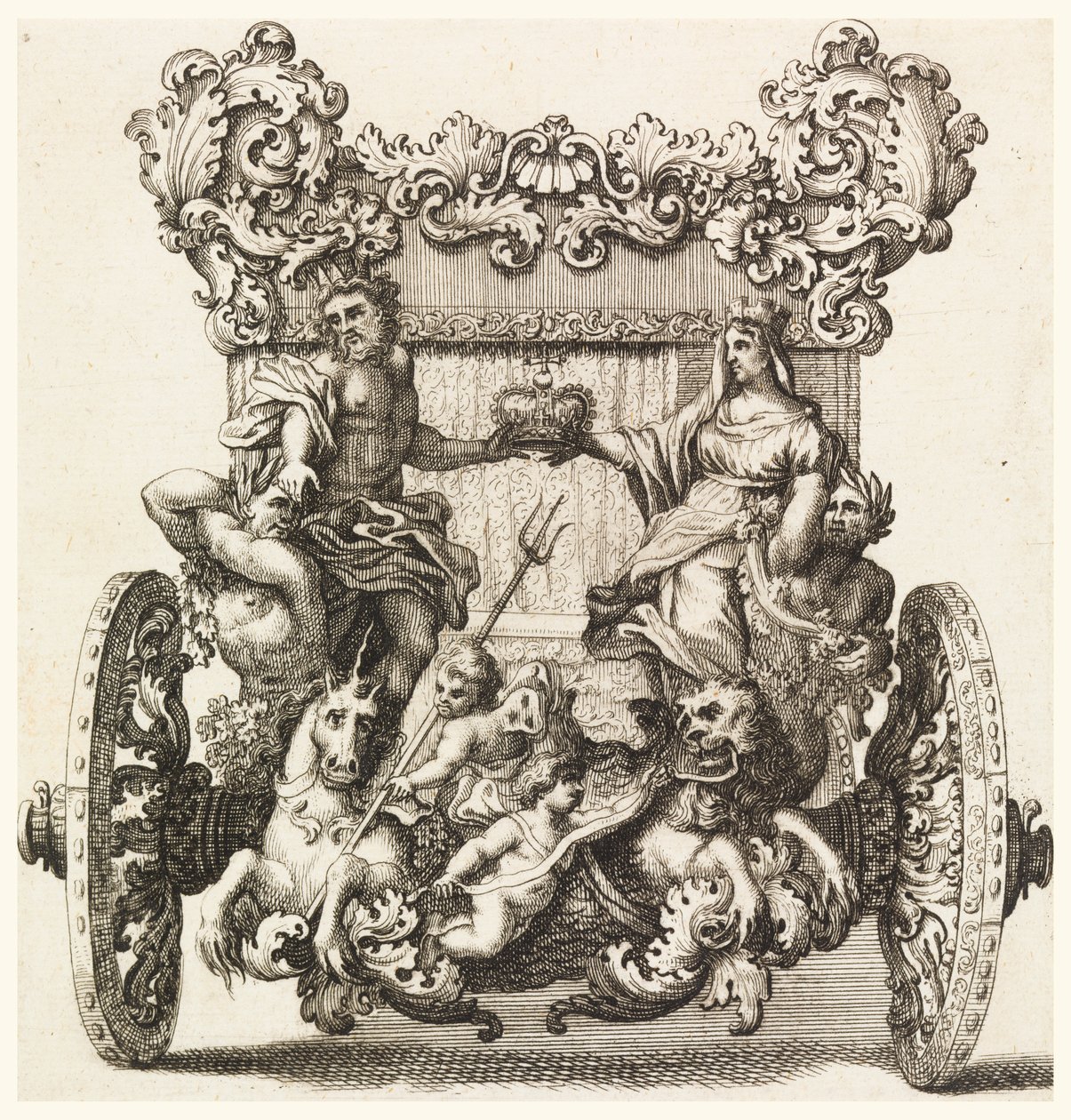 Sett bakfra av den første vognen til Lord Catelmaine Bygget i 1686 av Andrea Cornely etter Ciro Ferri (1634-1689) av Giovanni Battista Lenardi