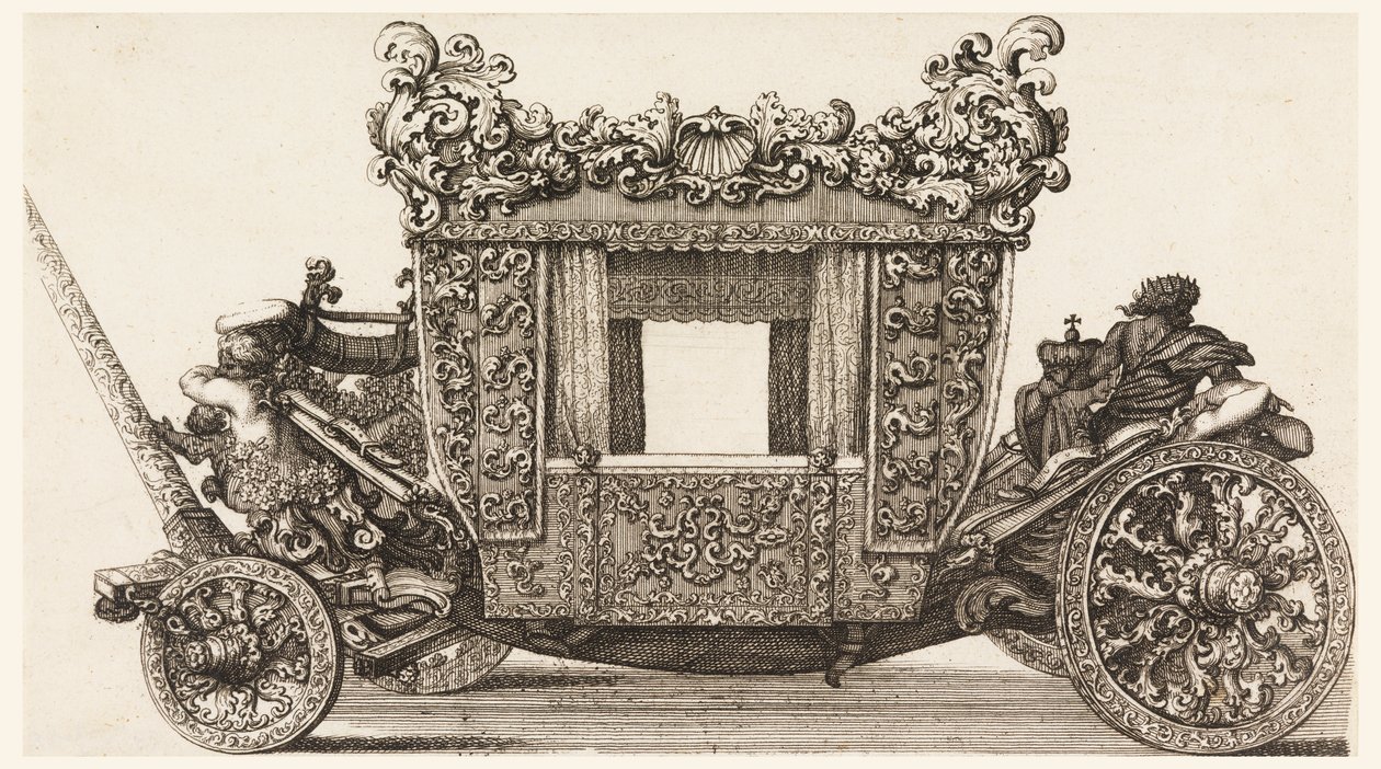 Sidevisning av den første vognen (1686) av Lord Castelmaine Bygget i 1686 av Andrea Cornely etter Ciro Ferri, 1687-1700 av Giovanni Battista Lenardi