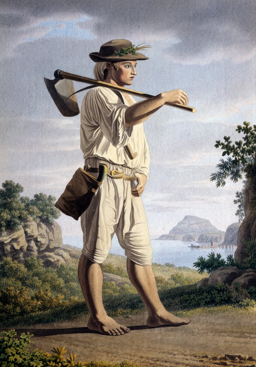 Bonde i bakgrunnen av Campi Flegrei, av Giovan Battista Lusieri (ca 1755-1821), akvarell på papir, 32x23 cm, Italia av Giovanni Battista Lusieri