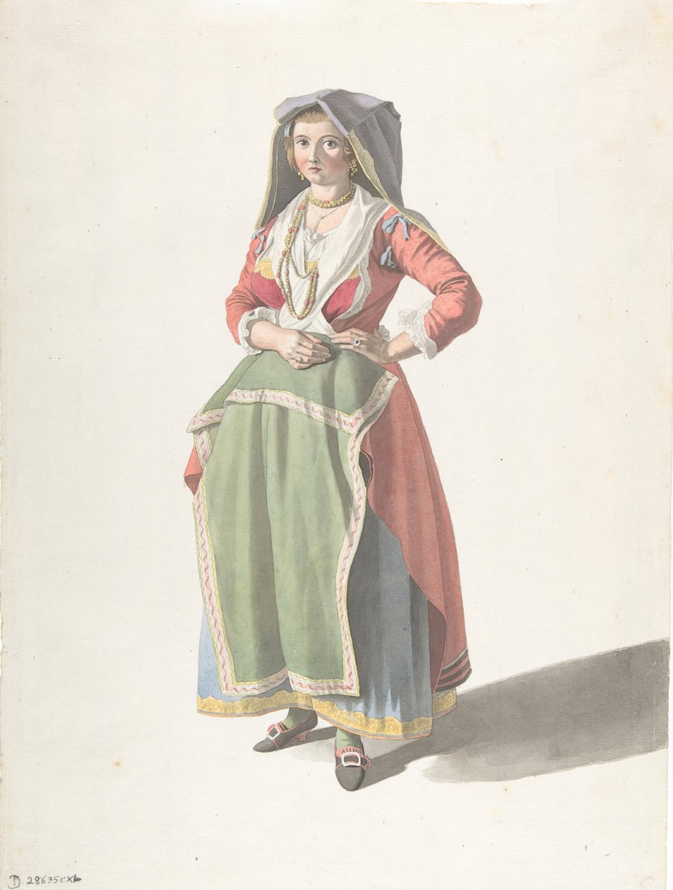 Ung kvinne som står i tradisjonell napolitansk kjole, ca. 1775-1821. av Giovanni Battista Lusieri