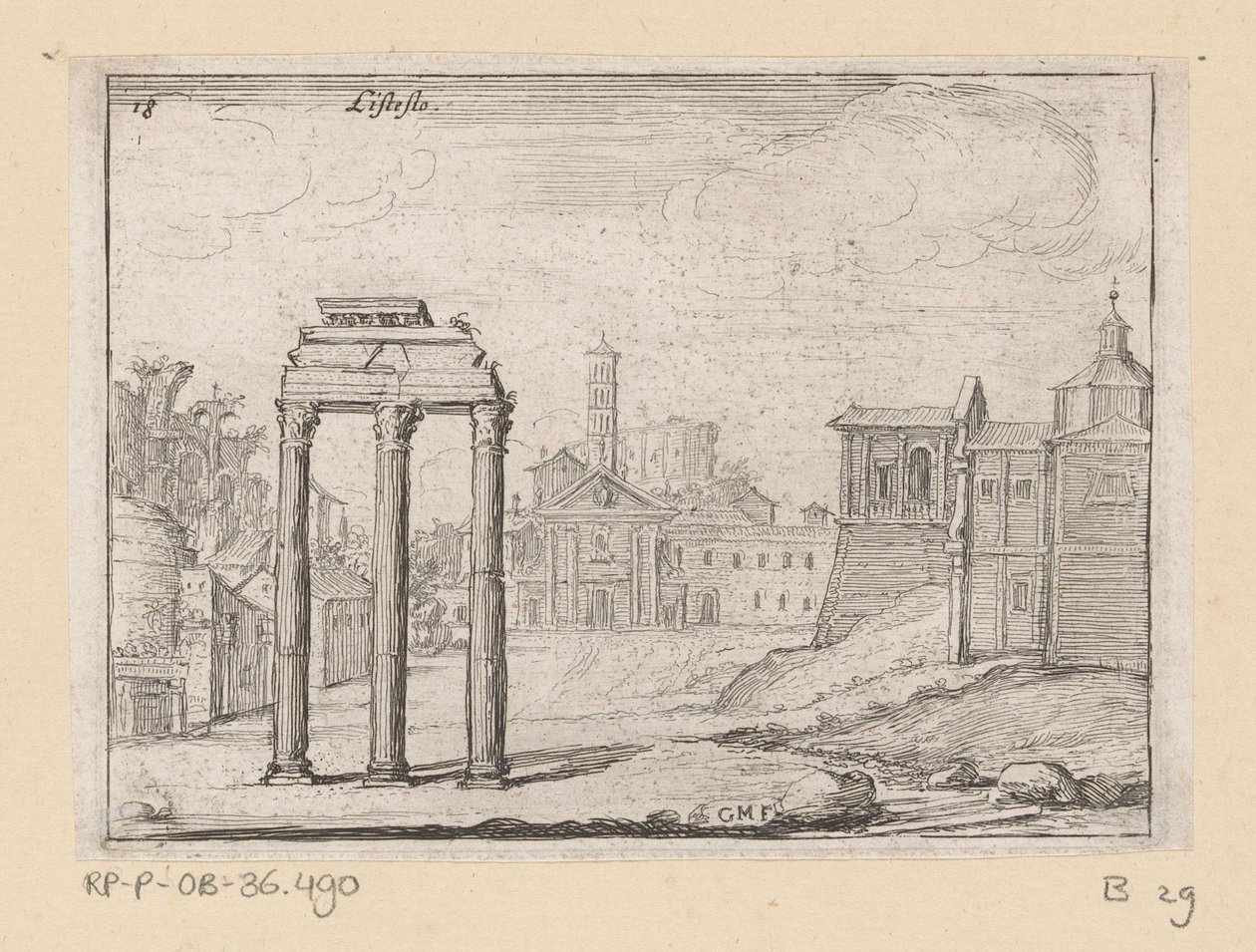 Utsikt over Forum Romanum i Roma Listesso (tittel på objekt) Utsikt over Roma (serietittel) Alcune vedute et prospettive di luoghi dishabitati di Roma (serietittel) av Giovanni Battista Mercati