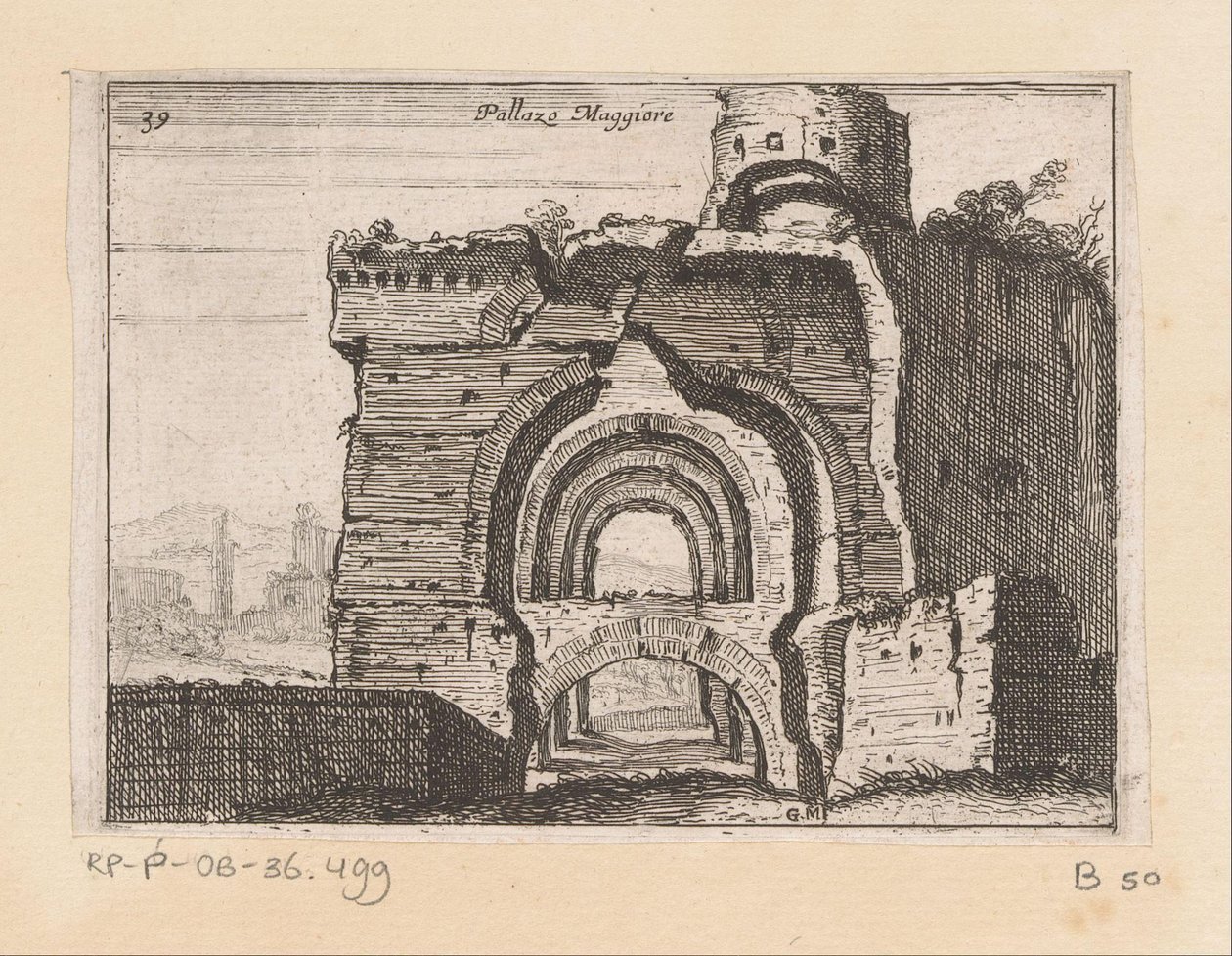 Palazzo Maggiore Pallazo Maggiore (tittel på objekt) Gezichten op Roma (serietittel) Noen utsikter og perspektiver av ubebodde steder i Roma (serietittel) av Giovanni Battista Mercati