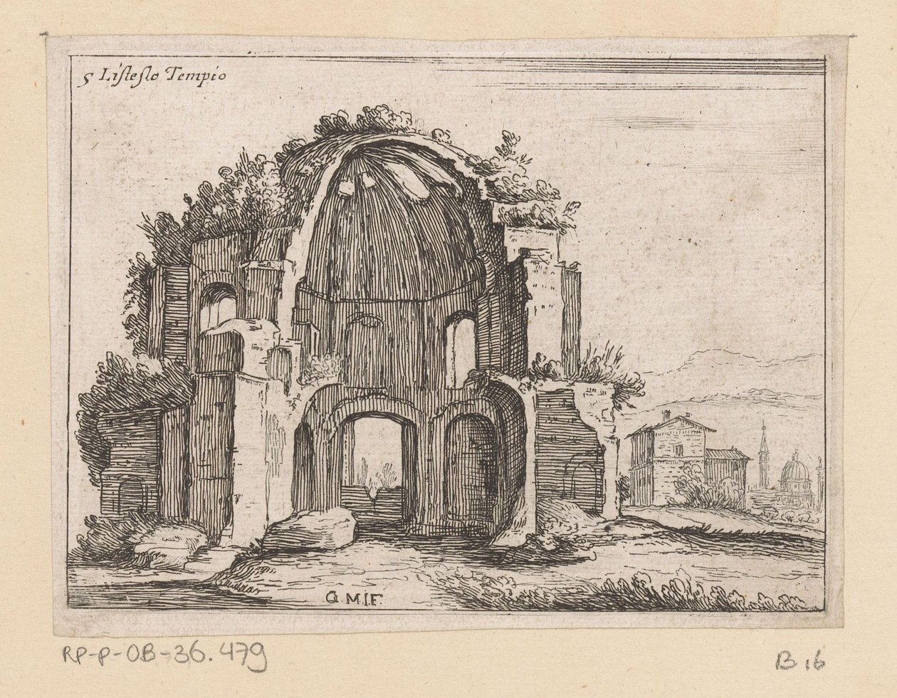 Rester av Temple of Minerva Medica i et landskap Listesso Tempio (tittel på objekt) Utsikt over Roma (serietittel) Alcune vedute et prospettive di luoghi dishabitati di Roma (serietittel) av Giovanni Battista Mercati