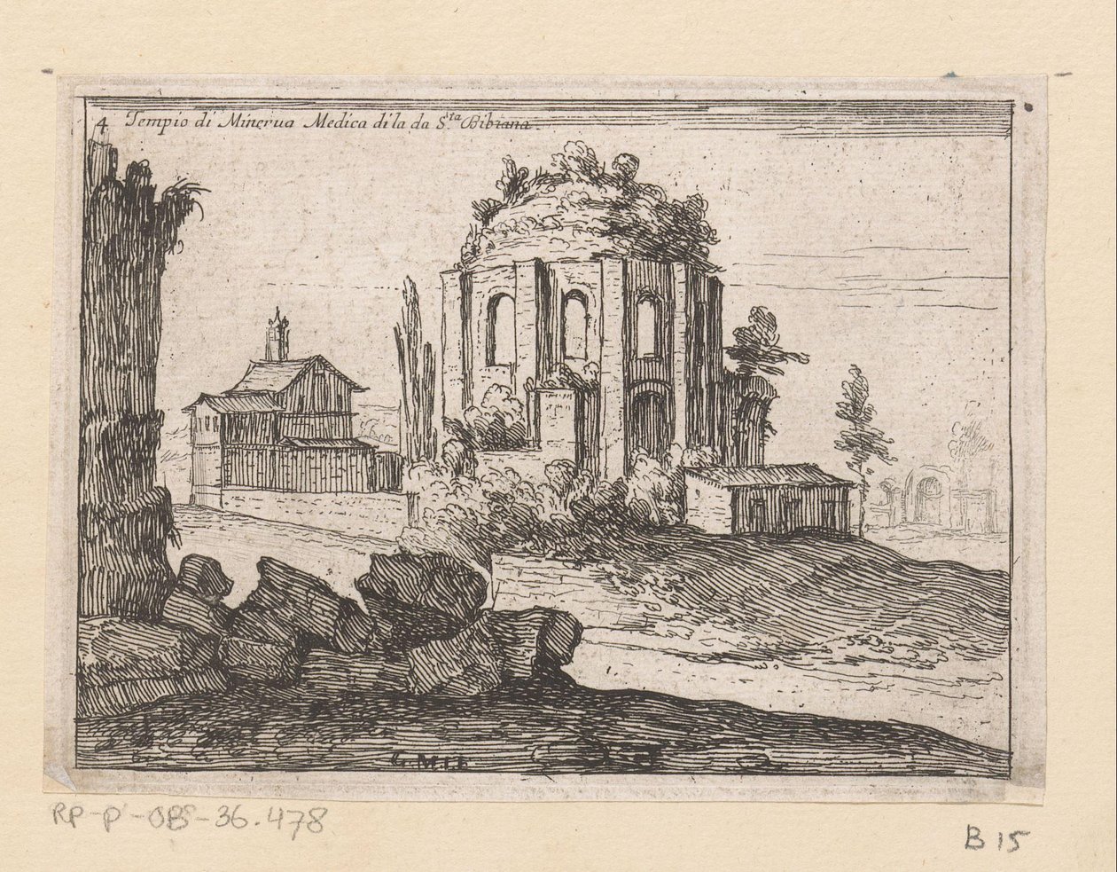 Resten van de Tempel van Minerva Medica i et landskap Temple of Minerva Medica di la da S.ta Bibiana (tittel på objekt) Gezichten op Roma (serietittel) Noen utsikter og perspektiver av ubebodde steder i Roma (serietittel) av Giovanni Battista Mercati