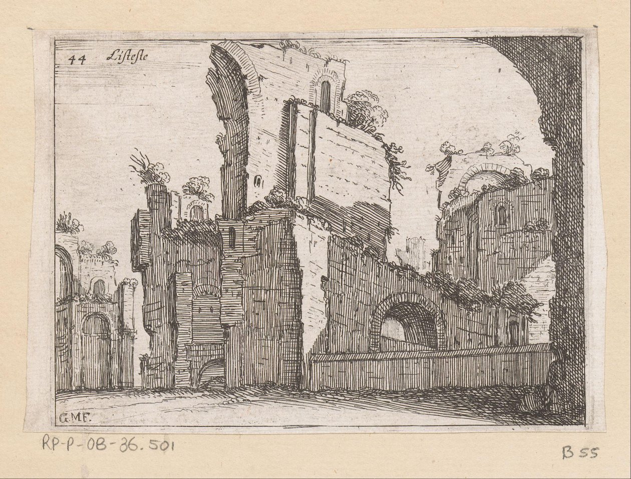 Rester av Caracalla-badene i Roma Listesso (tittel på objekt) Utsikt over Roma (serietittel) Alcune vedute et prospettive di luoghi dishabitati di Roma (serietittel) av Giovanni Battista Mercati