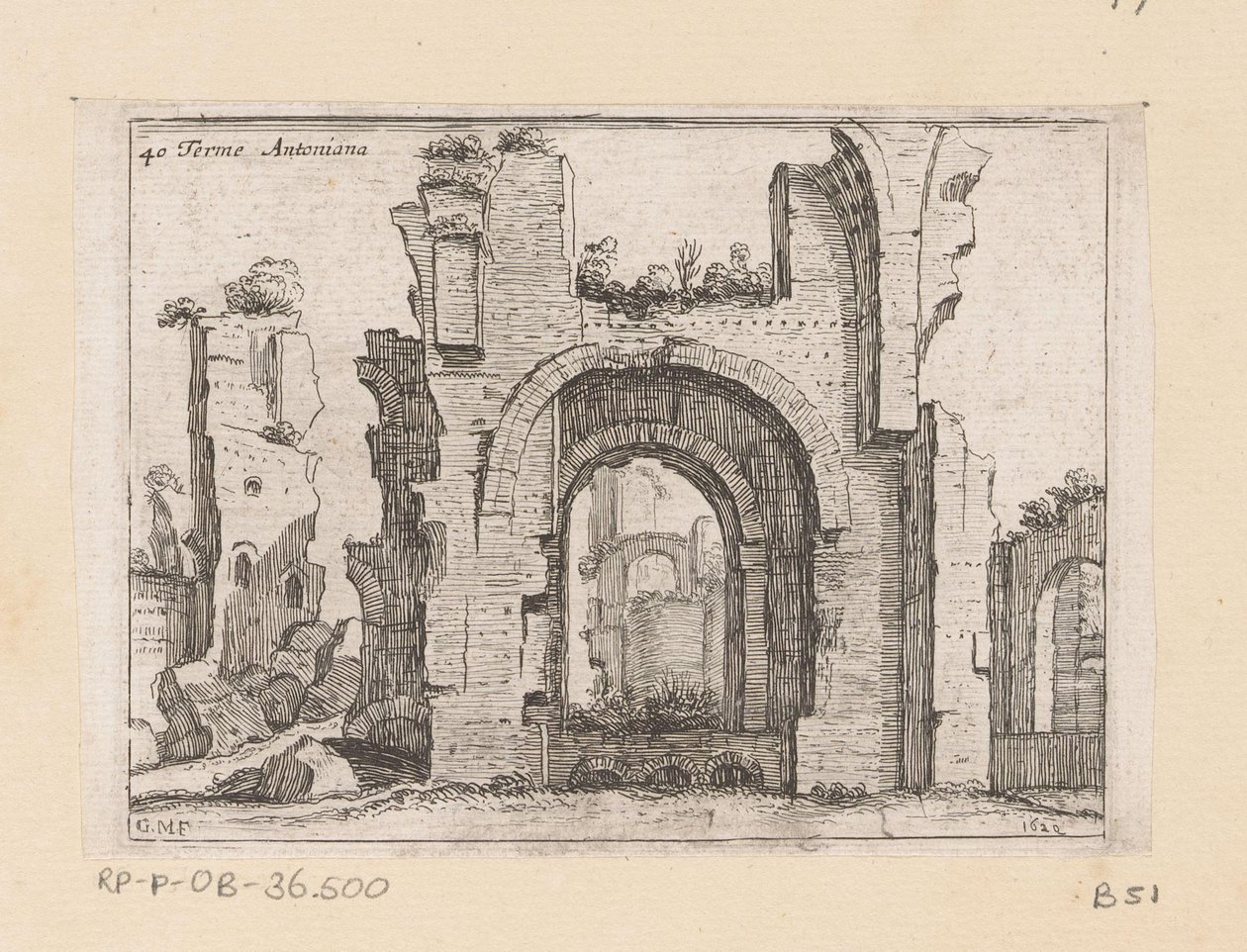 Resten van de Thermen van Caracalla te Roma Terme Antoniana (tittel på objekt) Gezichten op Roma (serietittel) Noen utsikter og perspektiver av ubebodde steder i Roma (serietittel) av Giovanni Battista Mercati