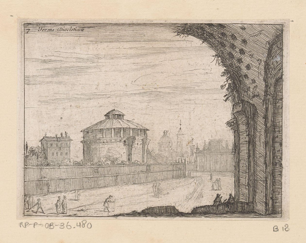Rester av Diokletians bad i Roma Terma Diocletiane (tittel på objekt) Utsikt over Roma (serietittel) Alcune vedute et prospettive di luoghi dishabitati di Roma (serietittel) av Giovanni Battista Mercati