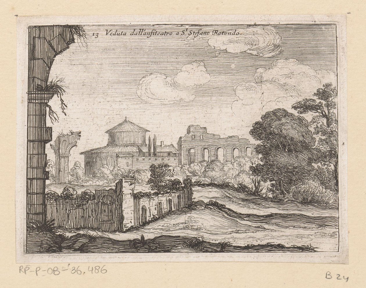 Rester av et amfiteater ved San Stefano Rotondo i Roma Veduta dall'anfiteatro a St Stefano Rotondo (tittel på objekt) Utsikt over Roma (serietittel) Alcune vedute et prospettive di luoghi dishabitati di Roma (serietittel) av Giovanni Battista Mercati