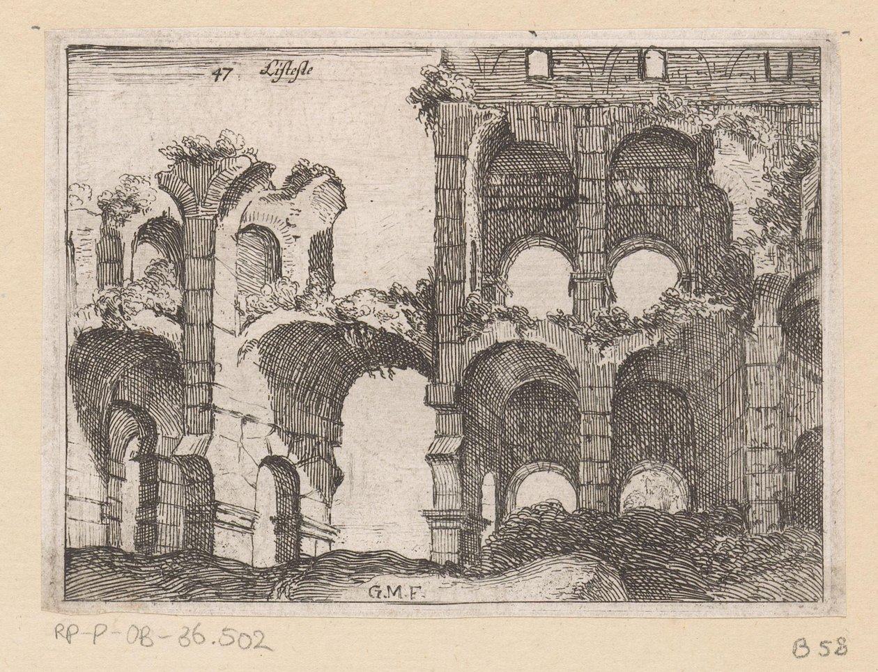 Rester av Colosseum i Roma Listesso (tittel på objekt) Utsikt over Roma (serietittel) Alcune vedute et prospettive di luoghi dishabitati di Roma (serietittel) av Giovanni Battista Mercati