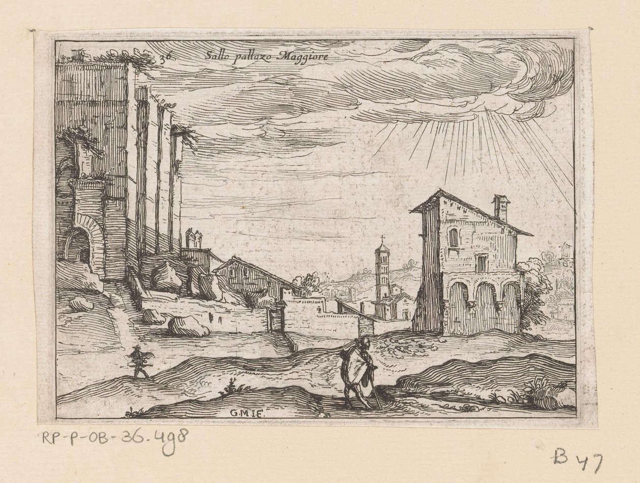 Ruinene av Palazzo Maggiore i Roma og bygninger i nærheten Sallo pallazo Maggiore (tittel på objekt) Utsikt over Roma (serietittel) Alcune vedute et prospettive di luoghi dishabitati di Roma (serietittel) av Giovanni Battista Mercati