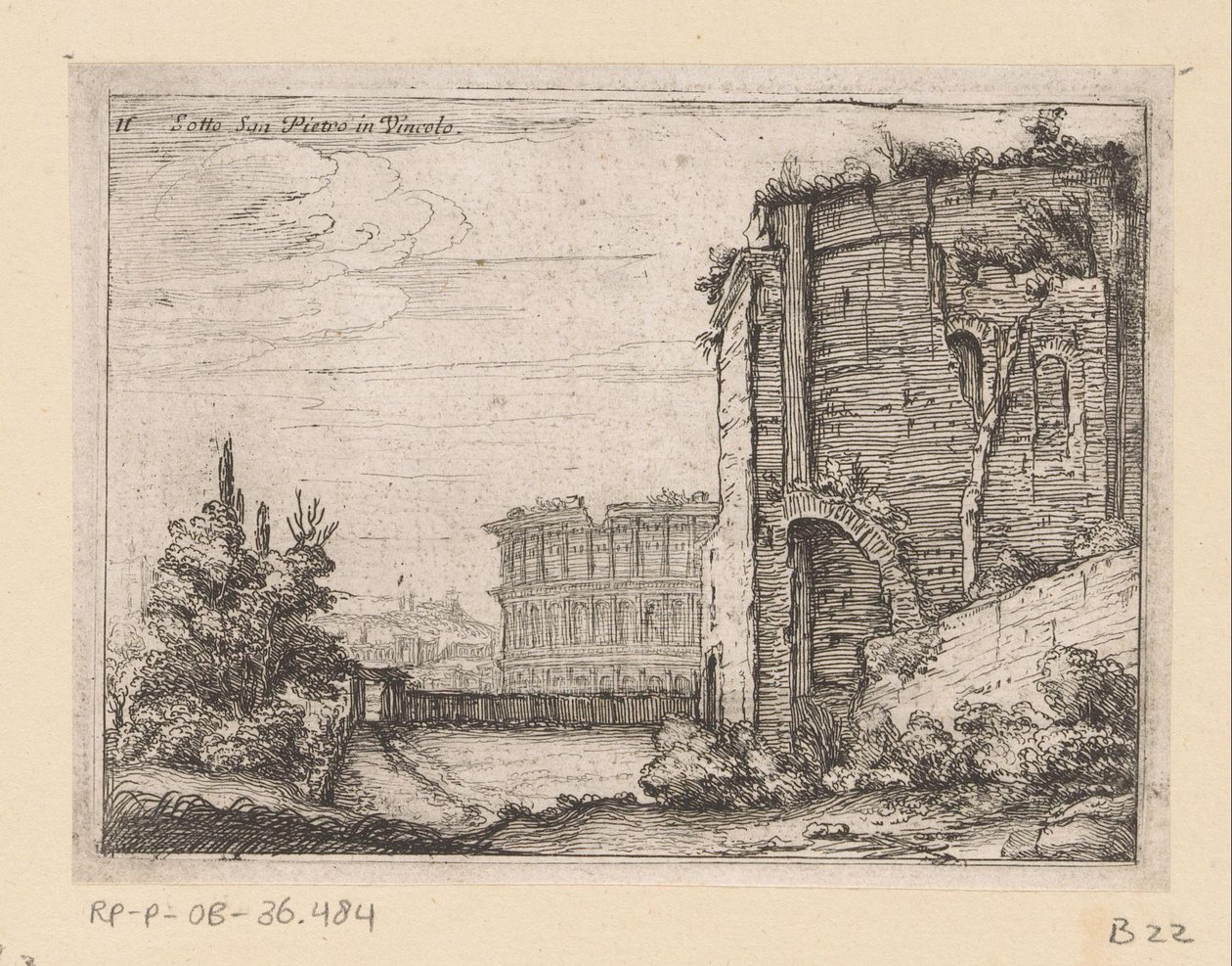 Ruinene av gammel bygning og Colosseum i Roma Sotto San Pietro in Vincolo (tittel på objekt) Utsikt over Roma (serietittel) Alcune vedute et prospettive di luoghi dishabitati di Roma (serietittel) av Giovanni Battista Mercati