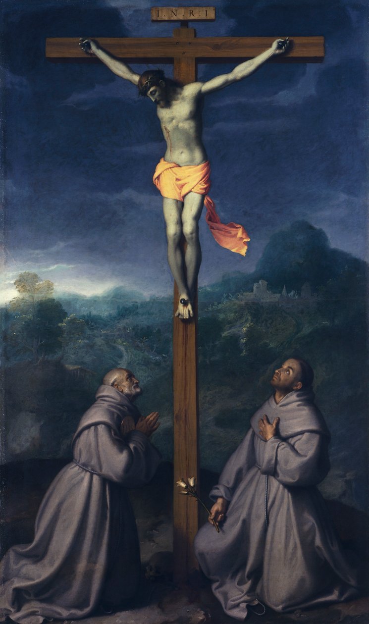 Korsfestelse med de hellige Bernardino og Antonius av Padua, av Giovanni Battista Moroni (1525 ca- 1578), olje på lerret, 226x133 cm, San Giuliano-kirken, Albino av Giovanni Battista Moroni