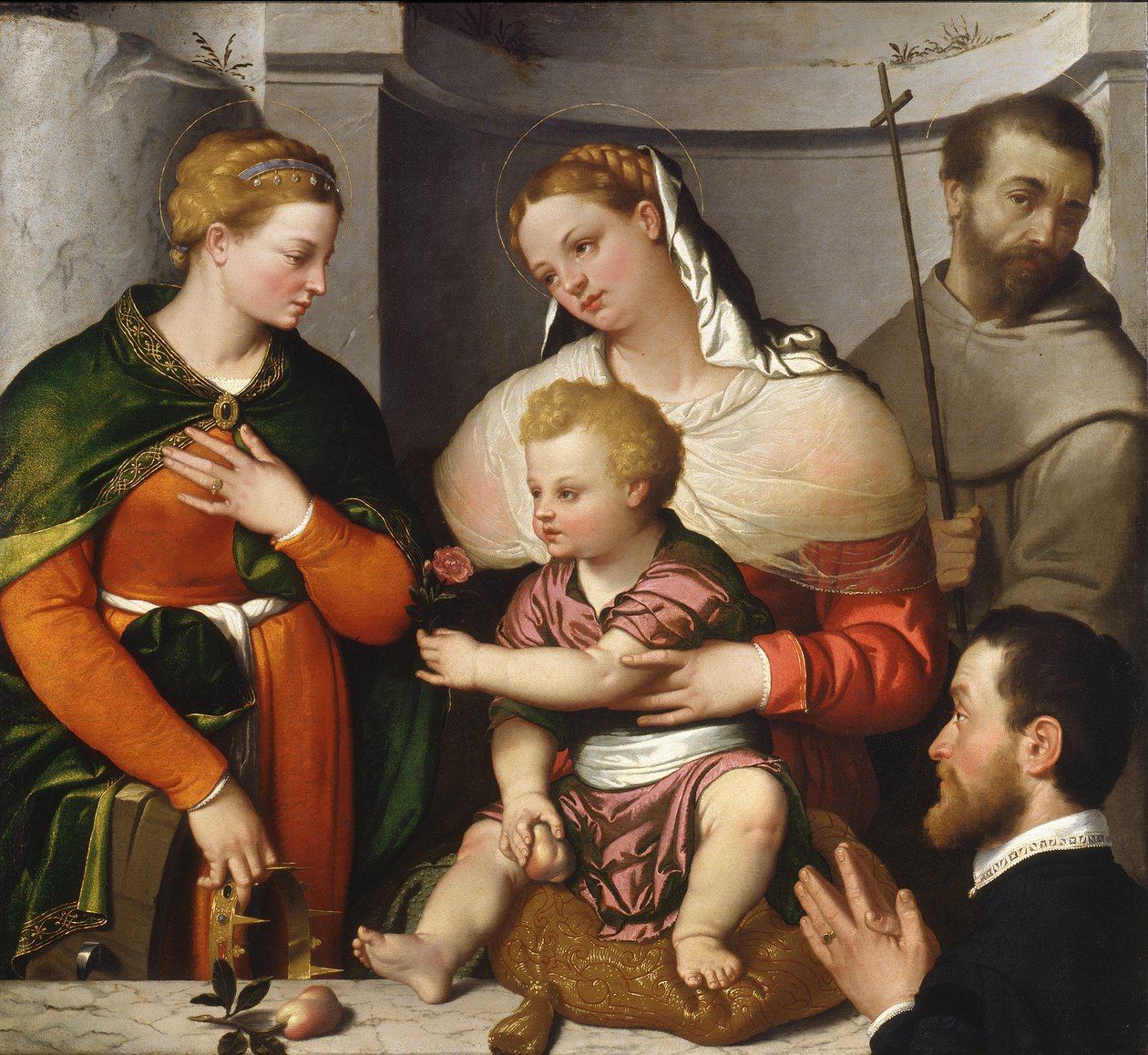 Madonna og barn med St. Catherine, St. Francis and the Donor, ca. 1550 (olje på lerret) av Giovanni Battista Moroni