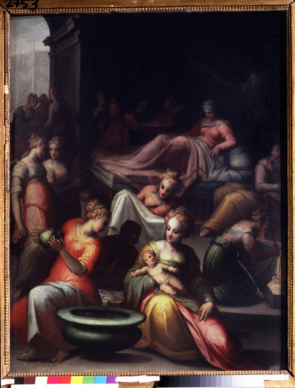 Fødselen til døperen Johannes (The Nativity of John the Baptist). Maleri av Giovanni Battista Naldini (1537-1591). Olje på lerret. Sol: 89x74cm. Florentinsk manerisme kunst. Pushkin-museet, Moskva. av Giovanni Battista Naldini