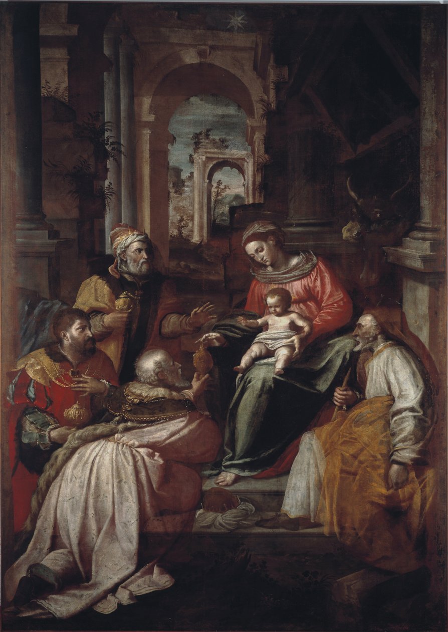 Tilbedelse av magi-maleriet av Giovanni Battista Perolli (1500-tallet) 1567 Genes, Museo Diocesano av Giovanni Battista Perolli