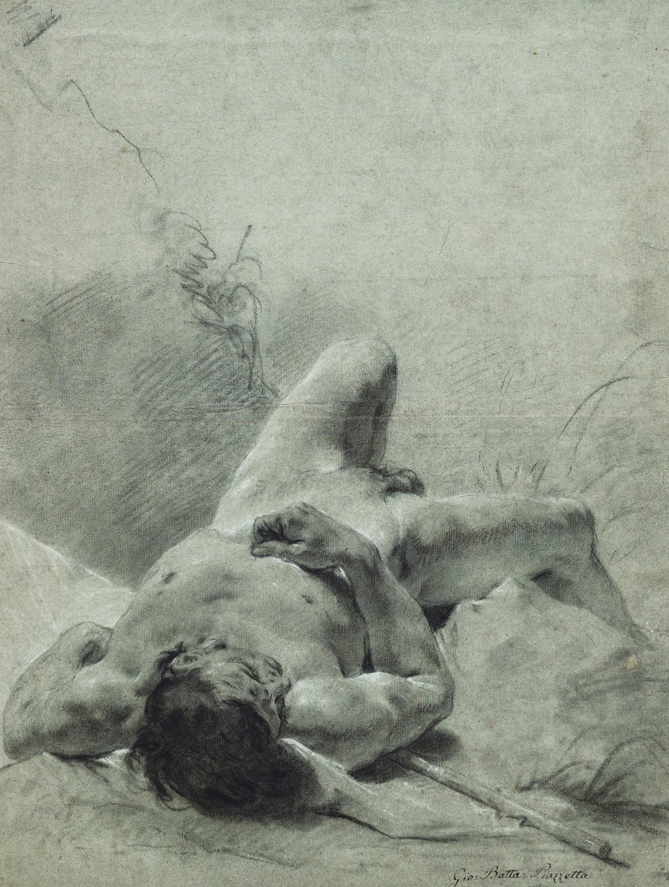 En naken ungdom spredt på ryggen, på en bank, liggende på en standard, av Giovanni Battista Piazzetta