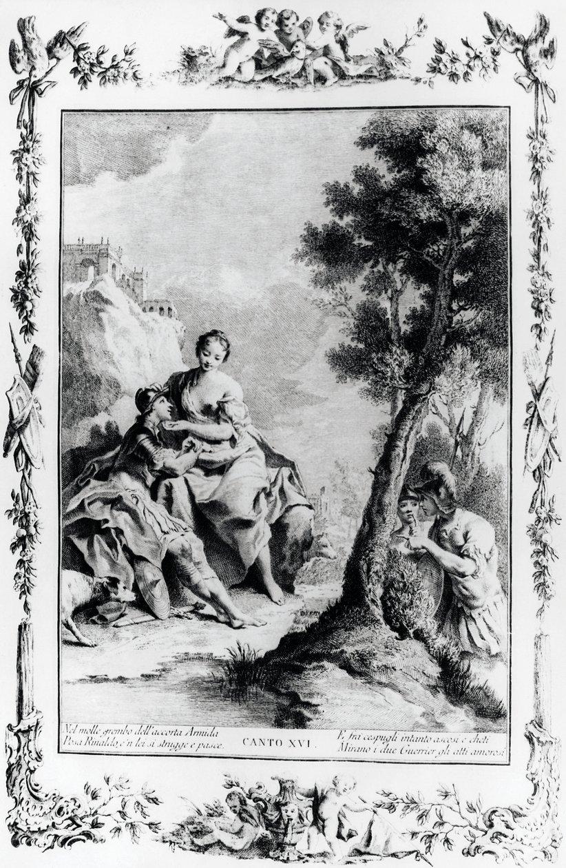 Armida og Rinaldo sett av korsfarerne Carlo og Ubaldo, canto XVI, Jerusalem levert av Giovanni Battista Piazzetta