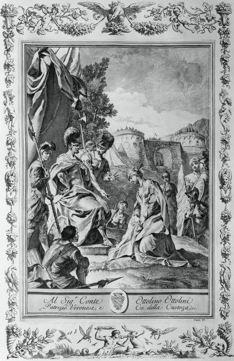 Armida foran Goffredo, gravering, av Giovanni Battista Piazzetta (1683-1754) for Canto III av Jerusalem Levert, av Torquato Tasso (1544-1595), utgitt av Giovanni Battista Albrizzi, Venezia, Italia av Giovanni Battista Piazzetta