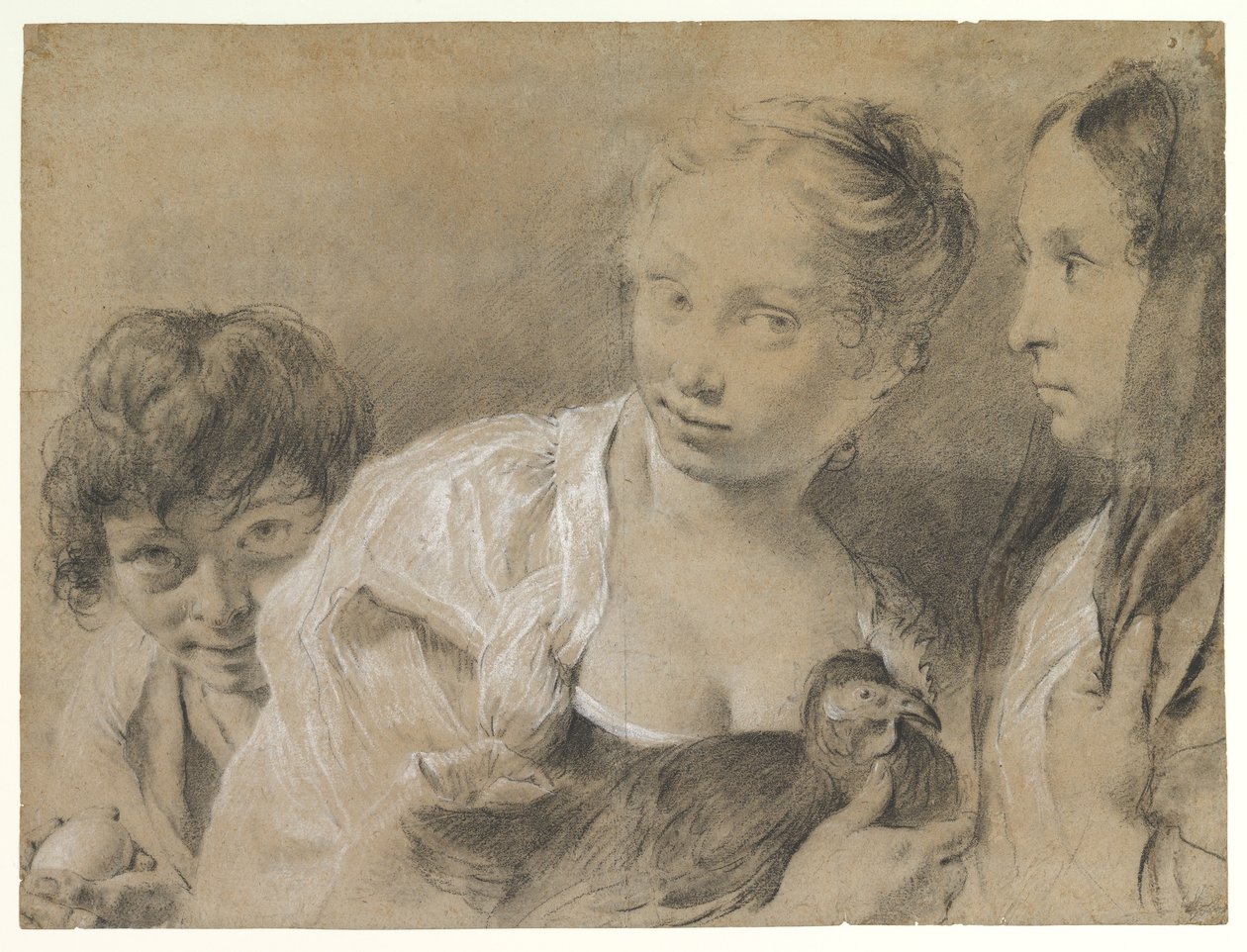 Gutt med et egg, jente med en høne og en betraktende kvinne av Giovanni Battista Piazzetta