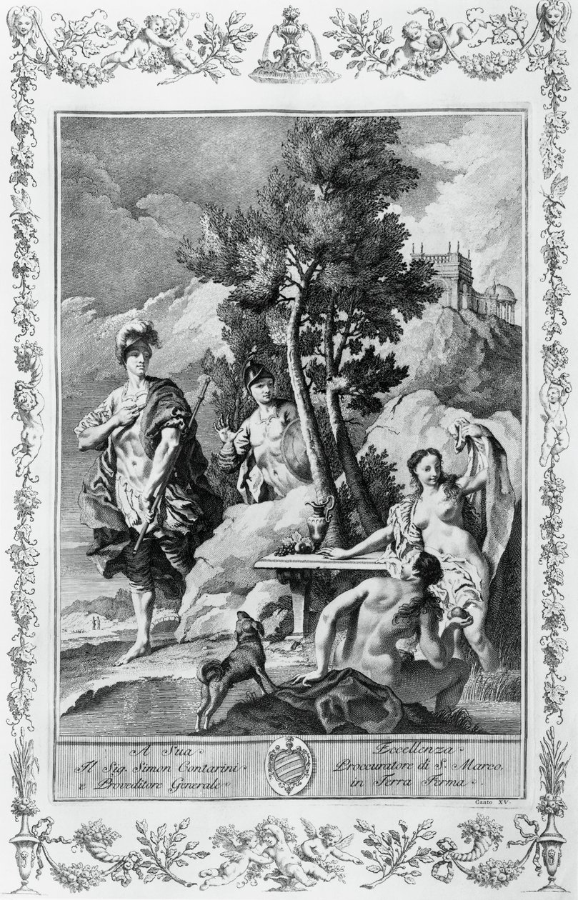 Carlo og Ubaldo i Happy Islands, gravering, av Giovanni Battista Piazzetta (1683-1754) for Canto XV of Jerusalem Delivered, av Torquato Tasso (1544-1595), Giovanni Battista Albrizzi-utgaven, Venezia, Italia av Giovanni Battista Piazzetta