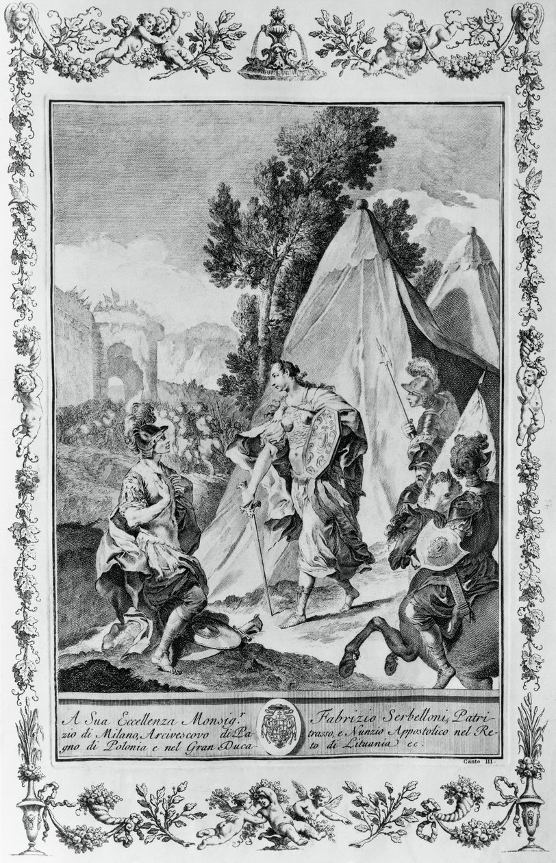 Crusaders at Siege of Jerusalem, gravering, av Giovanni Battista Piazzetta (1683-1754) for Canto III of Jerusalem Delivered, av Torquato Tasso (1544-1595), utgitt av Giovanni Battista Albrizzi, Venezia, Italia av Giovanni Battista Piazzetta