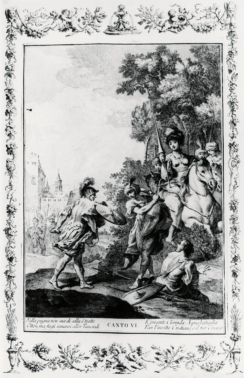 Duell mellom Ottone og Tancredi i nærvær av Clorinda, canto VI, Jerusalem levert av Giovanni Battista Piazzetta