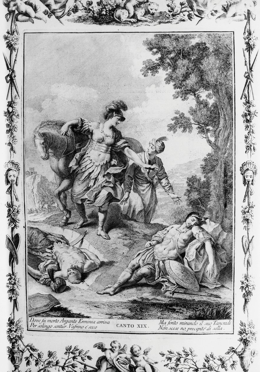 Erminia kommer over sårede Tancredi, Canto XIX, Jerusalem levert av Giovanni Battista Piazzetta