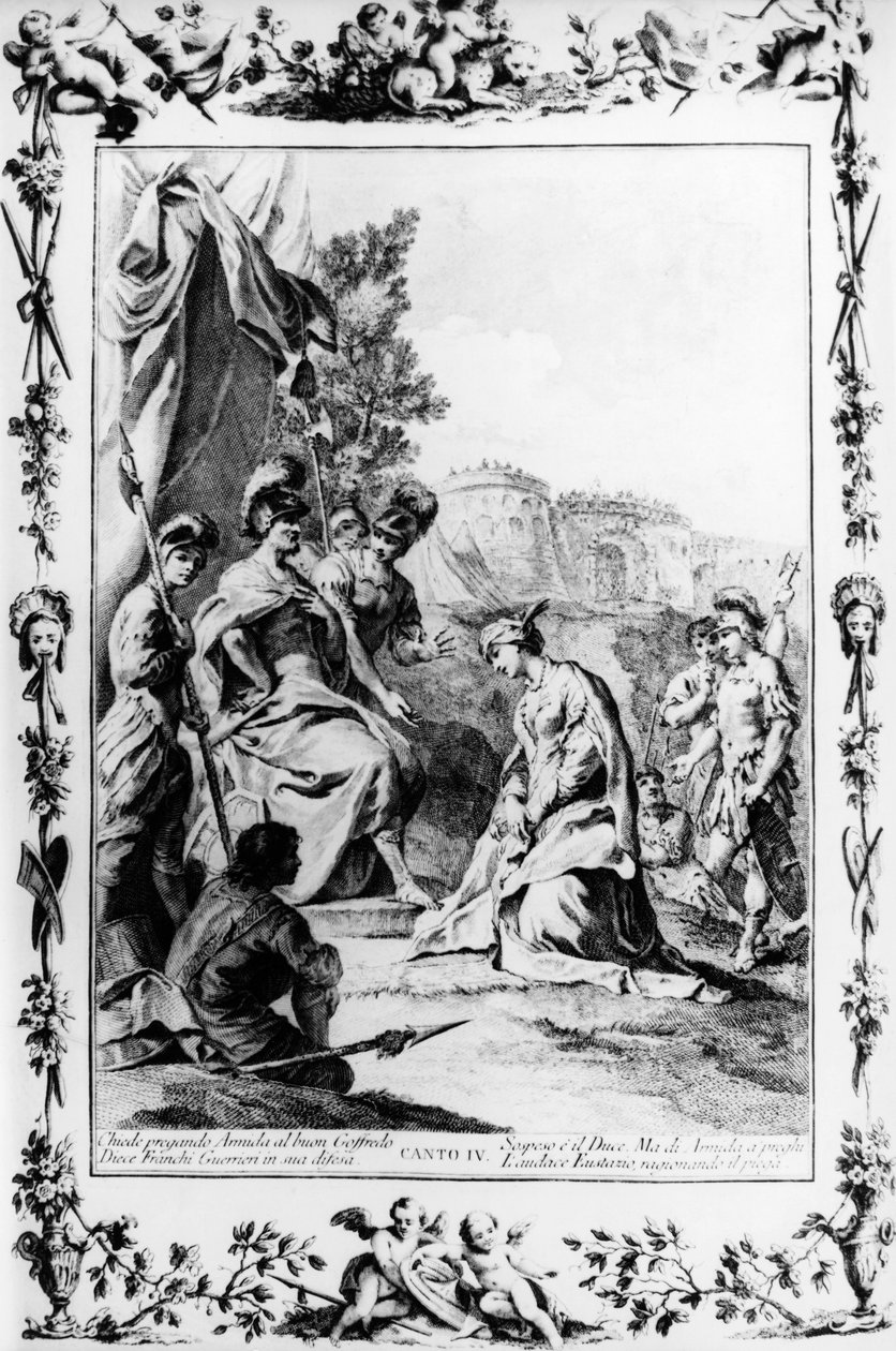 Eustathius går i forbønn til fordel for Armida med Godfrey av Bouillon, canto IV, Jerusalem levert av Giovanni Battista Piazzetta