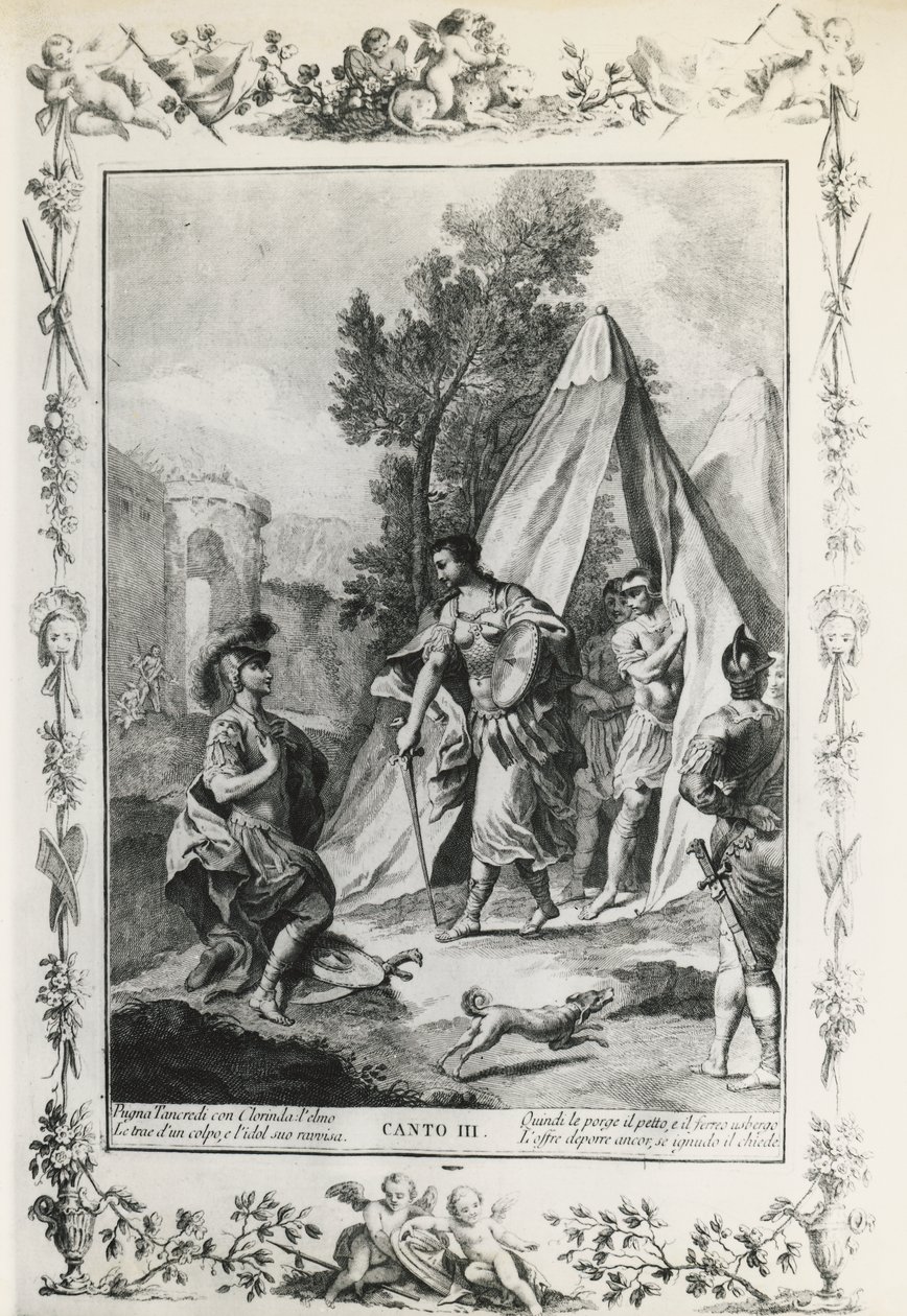 Jerusalem Delivered, canto III, illustrasjon av Giovanni Battista Piazzetta (1683-1754) for dikt av Torquato Tasso (1544-1595), utgave utgitt i Venezia i 1745, Italia av Giovanni Battista Piazzetta