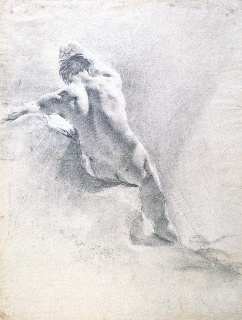 Studie av en naken mann, ca. 1715 (svart kritt forhøyet med hvitt på papir) av Giovanni Battista Piazzetta