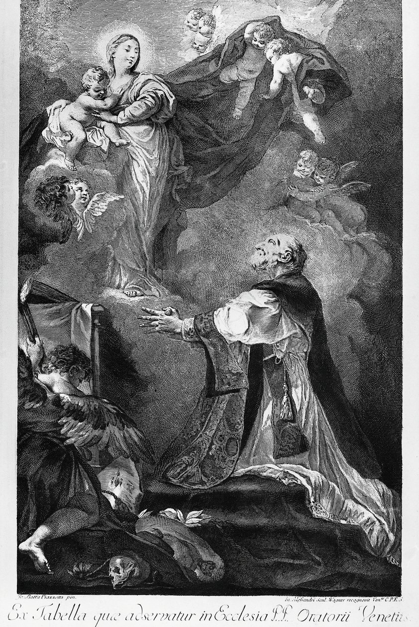 Virgin Appearing to Saint Philip Neri, av Giovanni Battista Piazzetta (1682-1754), gravering av Innocente Alessandri, Italia av Giovanni Battista Piazzetta