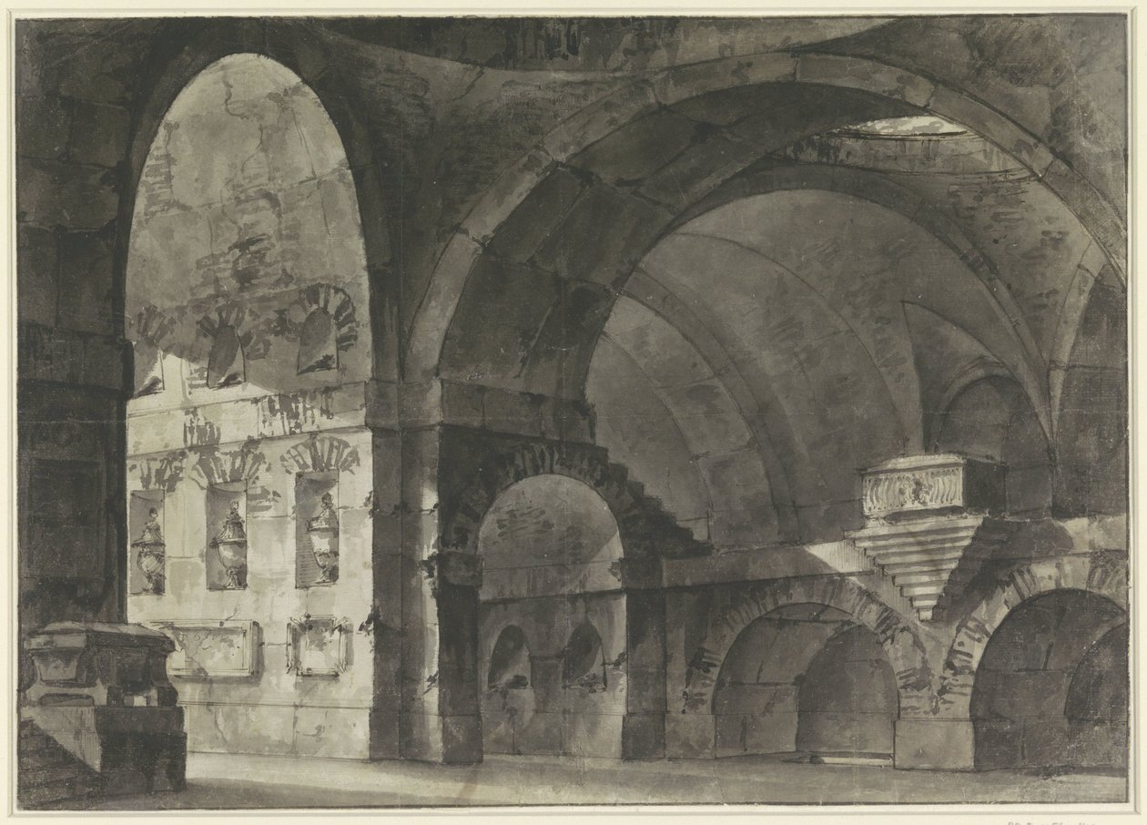 Interiør i en stor antikk bygning med tønnehvelv og en kuppelunderbygning av Giovanni Battista Piranesi (attributed to)