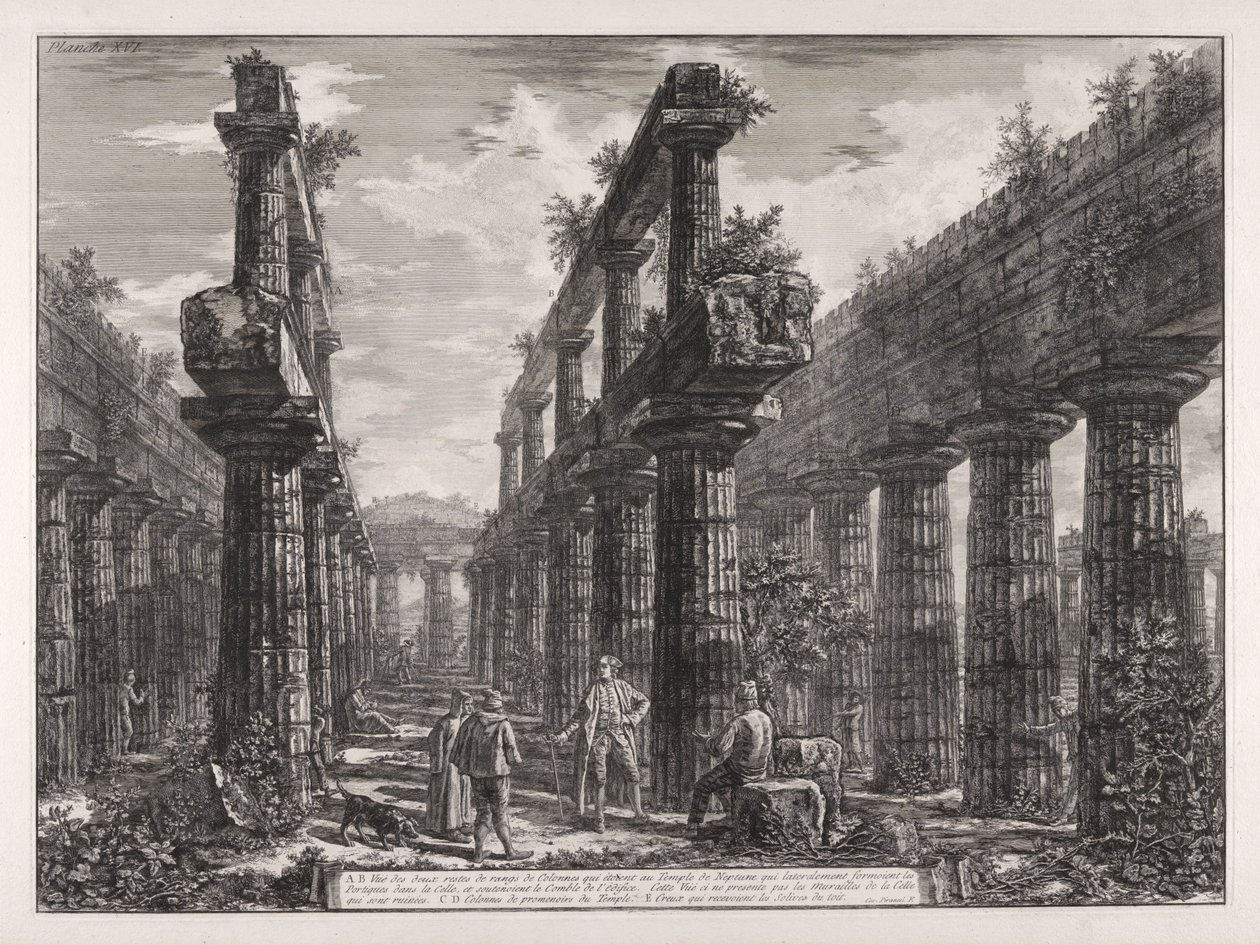 A., B. Utsikt over restene av de to søylerekkene i Neptuns tempel, som på sidene dannet søylegangene i cellaen og bar bygningens tak ... av Giovanni Battista Piranesi