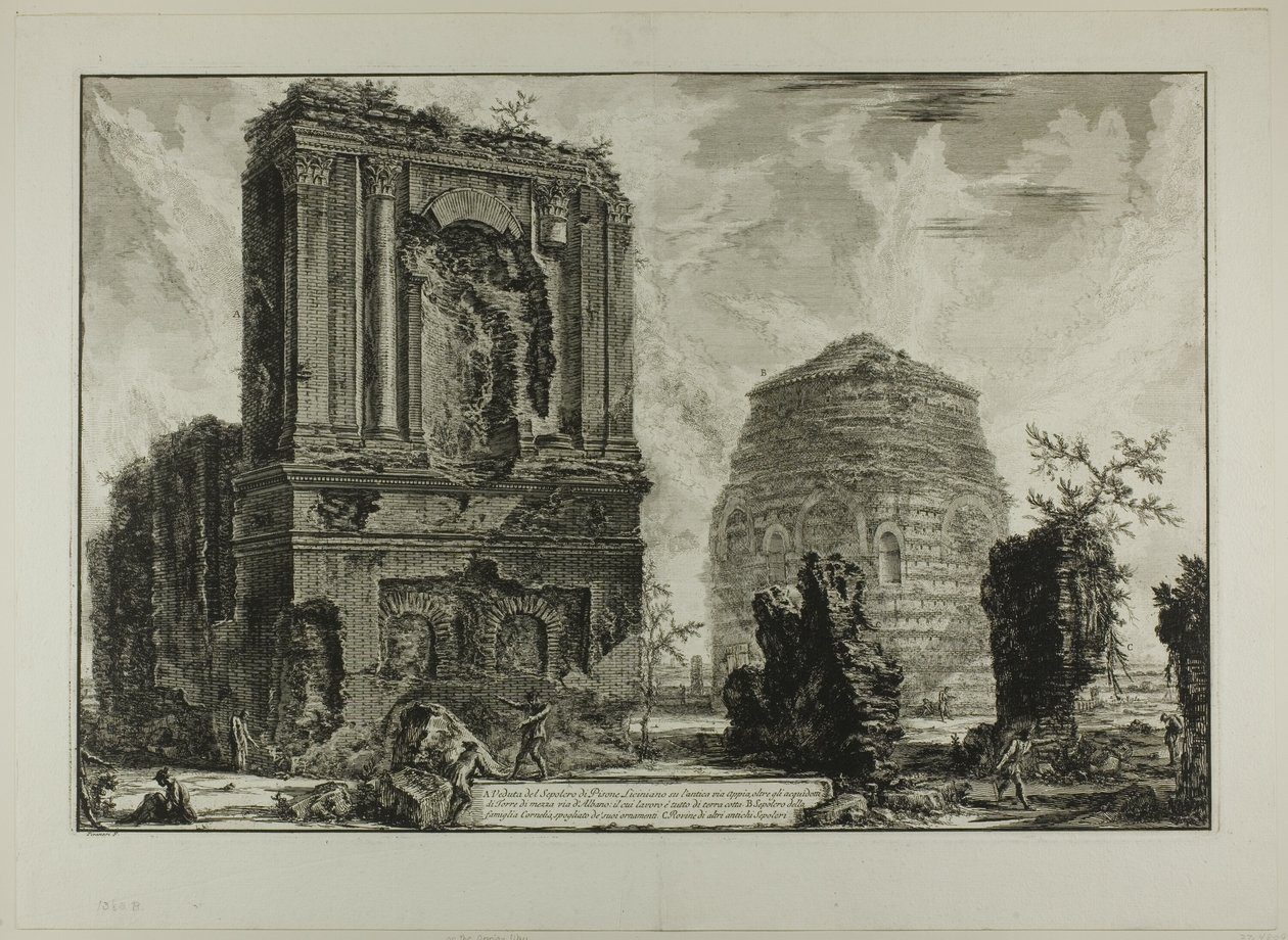 A. Utsikt over graven til Licinianus Piso på den gamle Appian-veien... B. Cornelii-graven..., fra utsikt over Roma av Giovanni Battista Piranesi