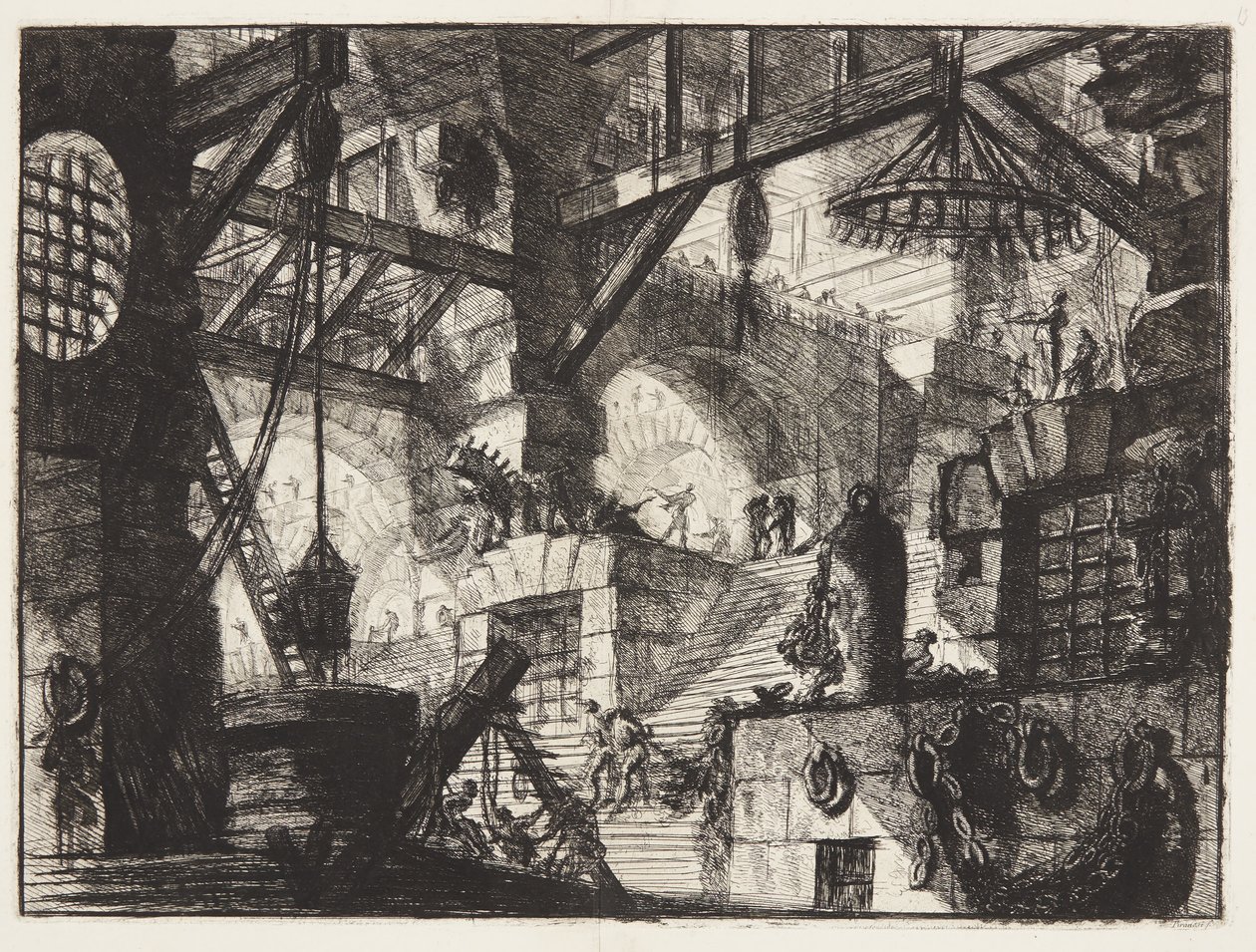 Et grillet og rustikk vindu er satt midt i en trapp med grupper av tunge kjettinger til riggen av Giovanni Battista Piranesi