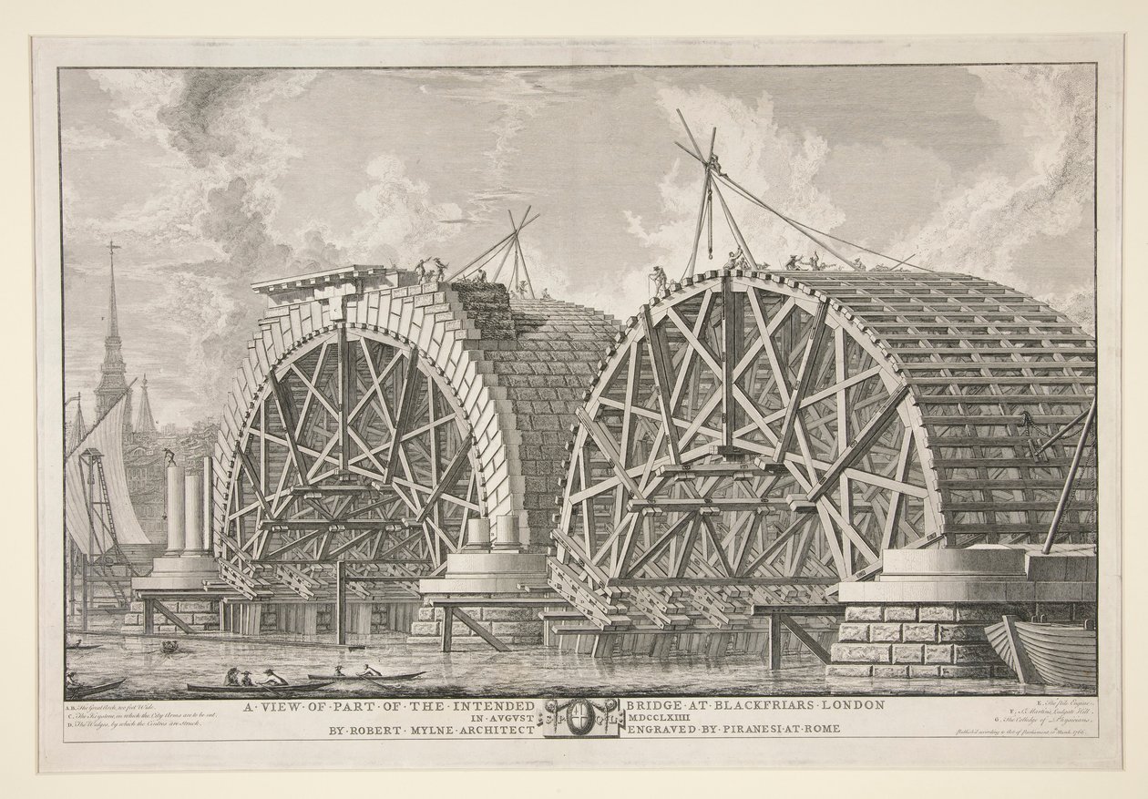 En utsikt over en del av den tiltenkte broen ved Blackfriars, London, i august MDCCLXIII av Robert Mylne, arkitekt, gravert av Piranesi i Roma av Giovanni Battista Piranesi