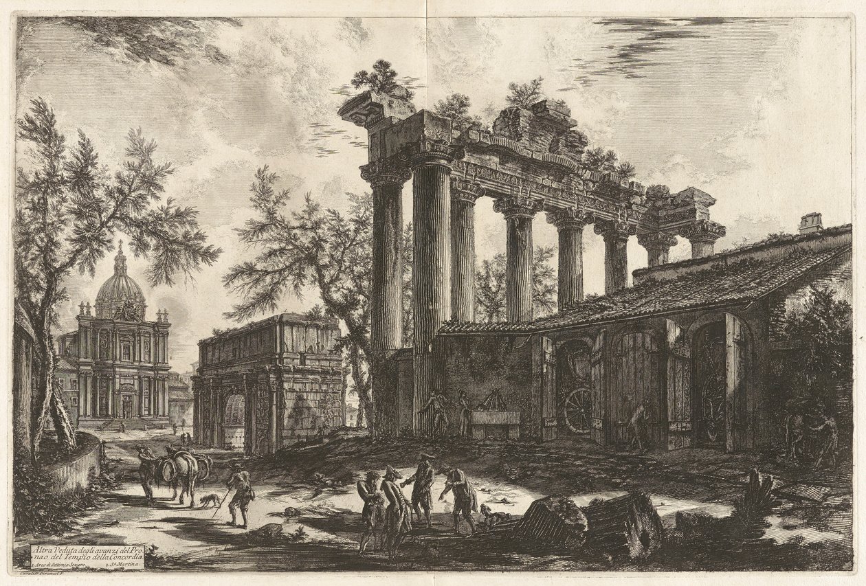 Altra Veduta degli avanzi del Pronao del Tempio del Concordia (En annen utsikt over restene av Pronaos av Temple of Concord [Saturn-tempelet med Septimius Severus-buen i venstre bakgrunn]), fra Vedute di Roma (Utsikt over Roma) av Giovanni Battista Piranesi
