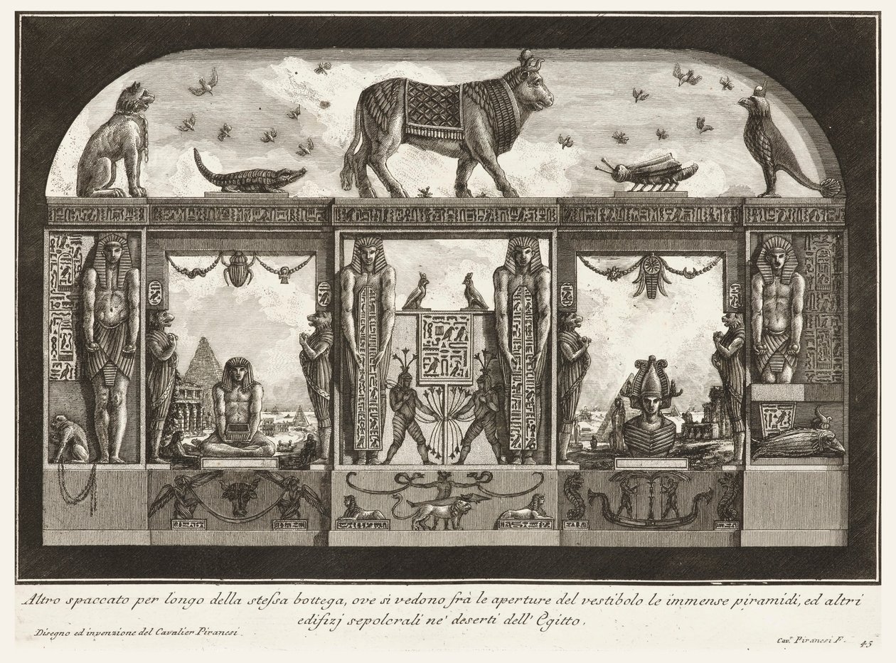 Et annet tverrsnitt av det samme verkstedet, hvor den enorme pyramiden kan sees mellom åpningene til vestibylen, fra Diverse Manner of adorning the paths av Giovanni Battista Piranesi