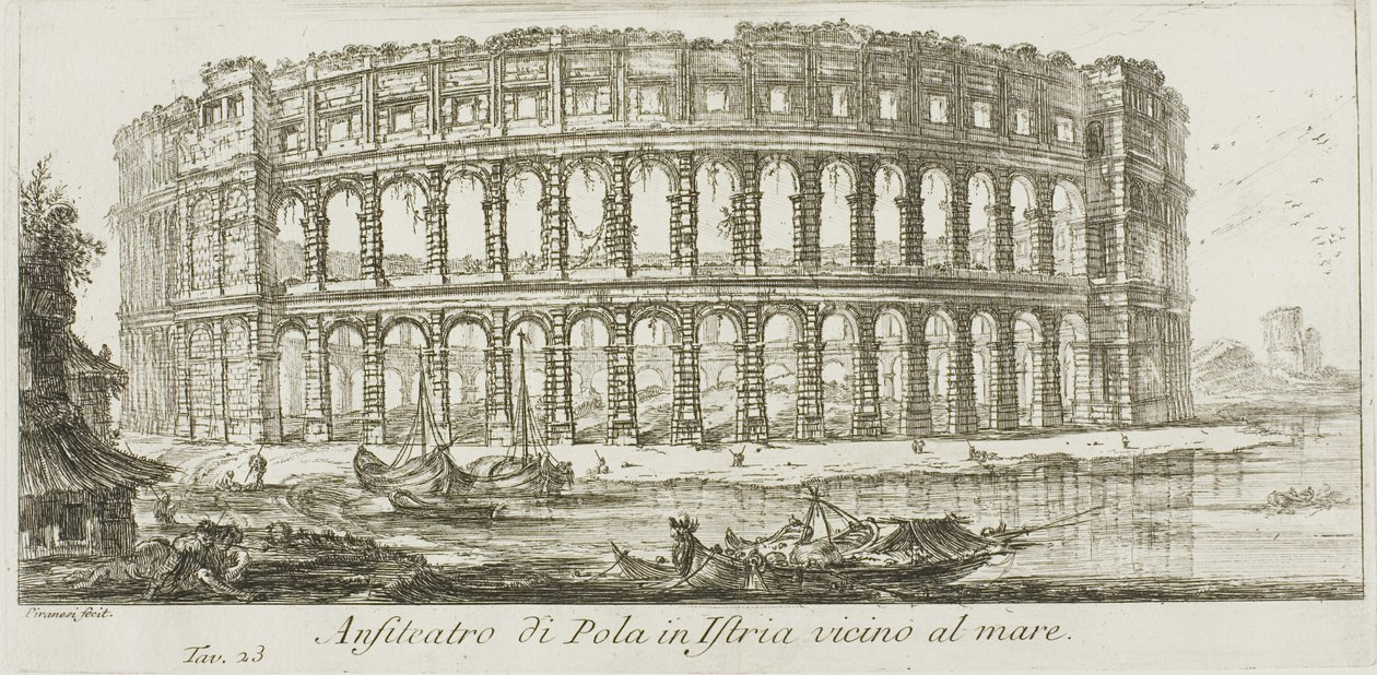 Amfiteateret i Pula i Istria nær sjøen, plate 23 fra noen utsikter over triumfbuer og andre monumenter av Giovanni Battista Piranesi