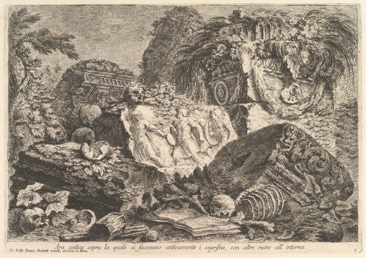 Oldtidsalter hvor ofringer ble utført i antikken, omgitt av andre rui..., ca. 1750. av Giovanni Battista Piranesi