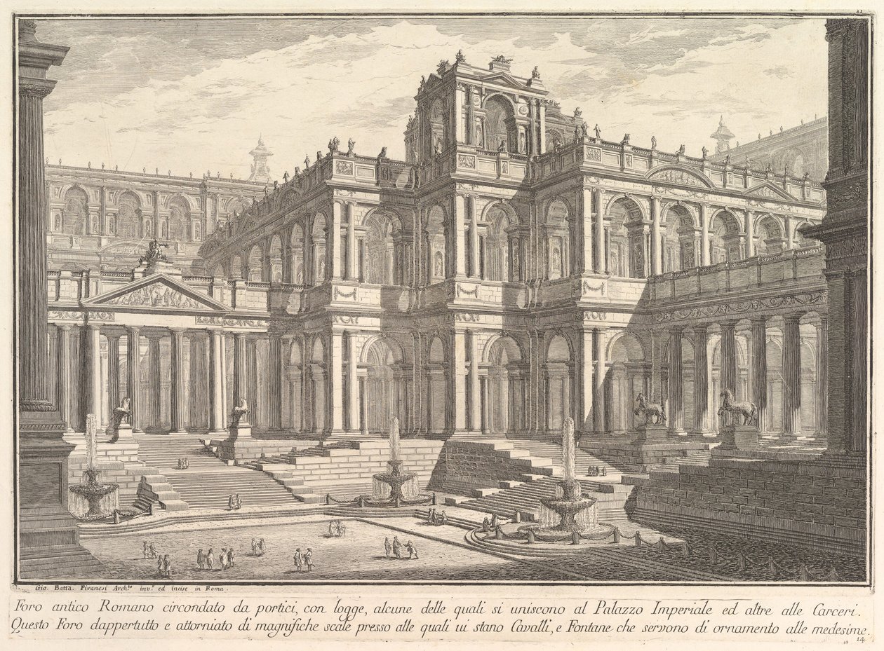 Gammelt romersk forum omgitt av portikoer, med loggiaer, hvorav noen kommuniserer med..., ca. 1750. av Giovanni Battista Piranesi