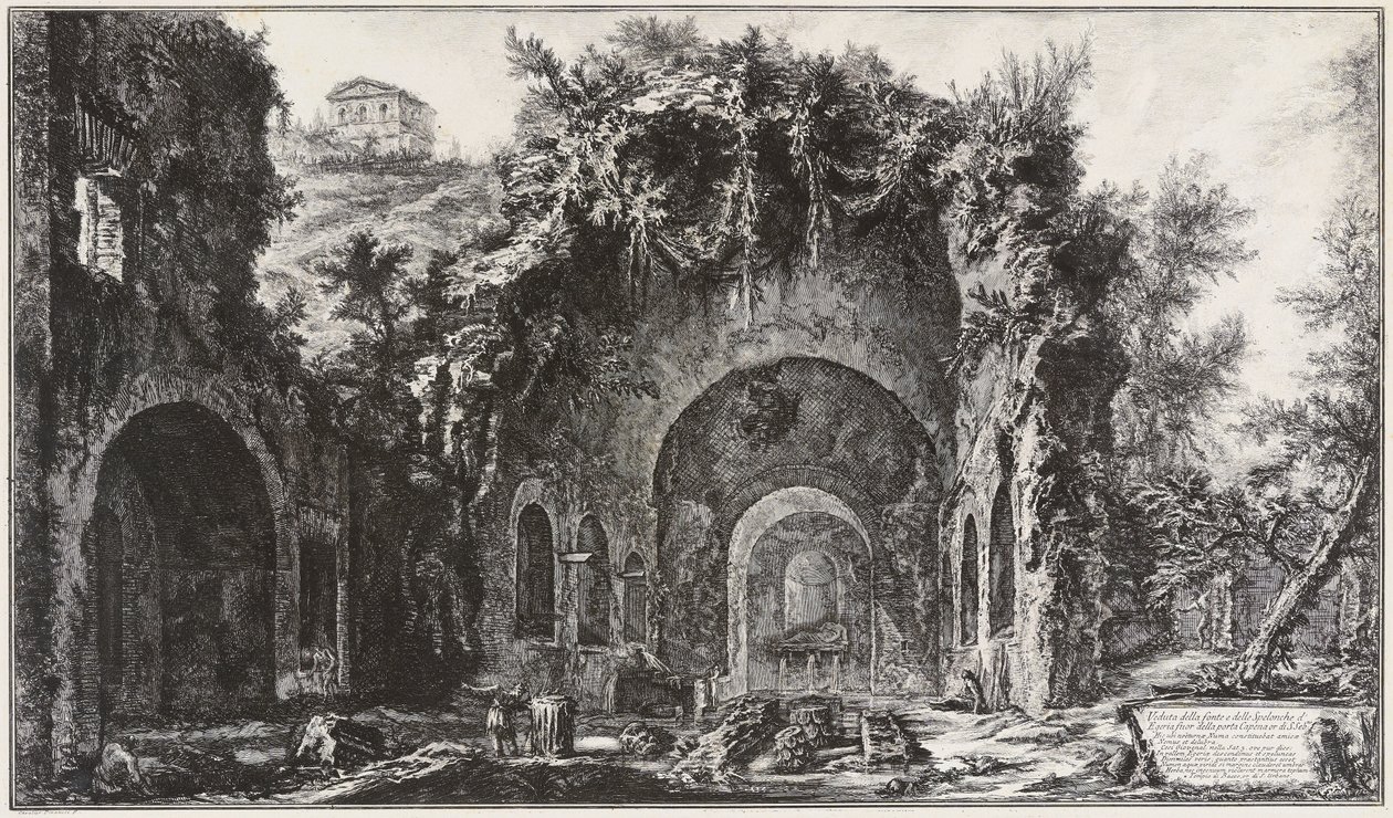 Utsikt over Egerias kilde og grotter foran Porta Capena, nå Porta di San Sebastiano av Giovanni Battista Piranesi