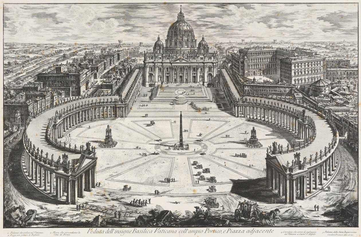 Utsikt over den berømte Vatikanbasilikaen med bred portiko og tilstøtende forgård av Giovanni Battista Piranesi