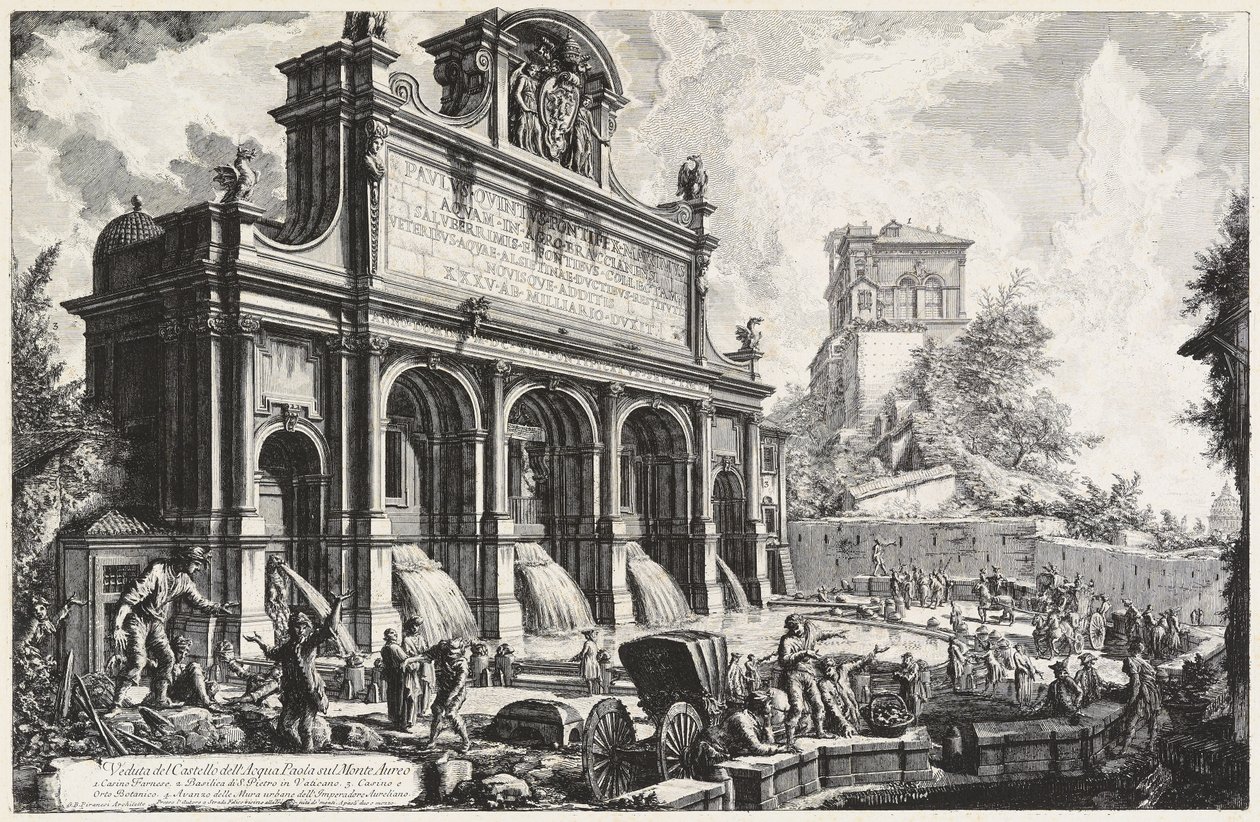 Utsikt over Castello dell’Acqua Paola på Monte Aureo (Gianicolo) av Giovanni Battista Piranesi
