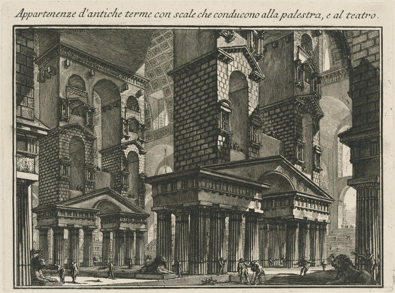 Eiendeler til gamle bad med trapper som fører til palestaren og til teateret av Giovanni Battista Piranesi