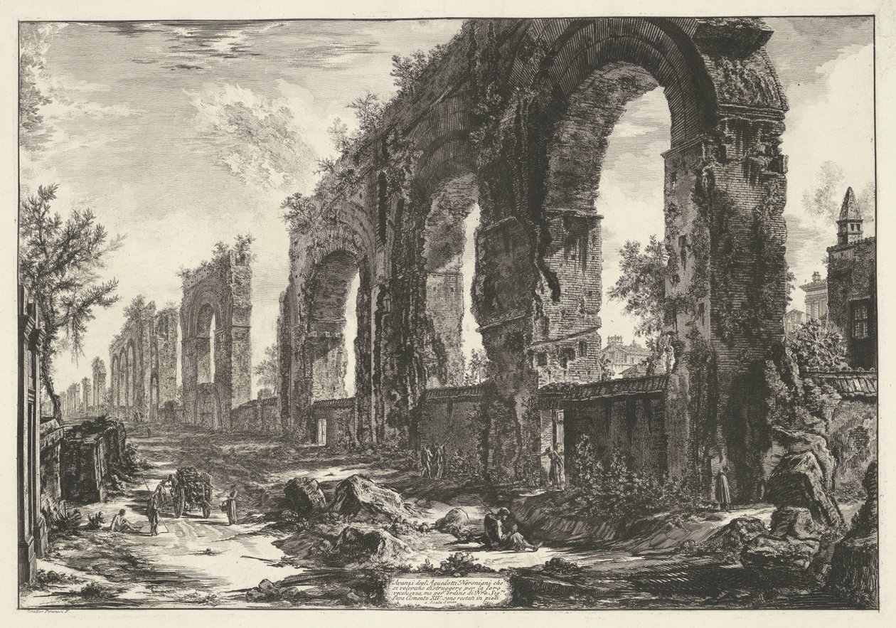 Aquaduct van Nero te Roma Rester av de neronske akveduktene som de ønsket å ødelegge for sin alderdom (...) (tittel på objekt) Gezichten op Roma (serietittel) Utsikt over Roma designet og gravert av Giambattista Piranesi-arkitekten Ve (nez) iano (ser) av Giovanni Battista Piranesi